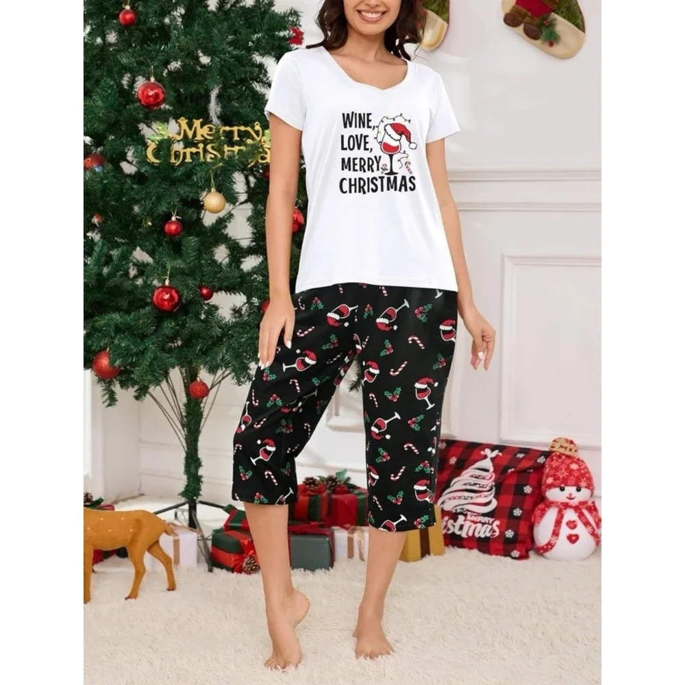 YIJIU S Women Soft Comfy Pajamas Wine Christmas Short Sleeve Capri Pants PJS Set